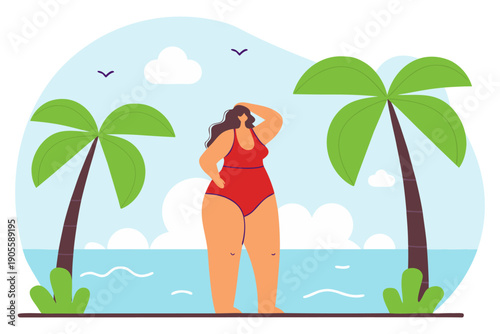 Summer time. Woman in swimsuit on the beach background of the shore. Vector illustration