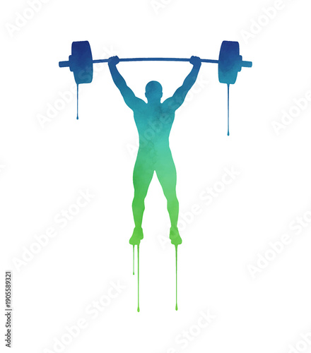 Muscular man strong and determined lifting heavy barbell overhead in artistic blue green watercolor gradient illustration