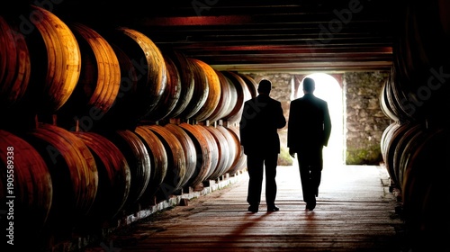 Silhouetted visitors walking through a moody whiskey barrel cellar, cinematic scene easy to crop and adaptable for distillery tours, travel ads, or brand storytelling.