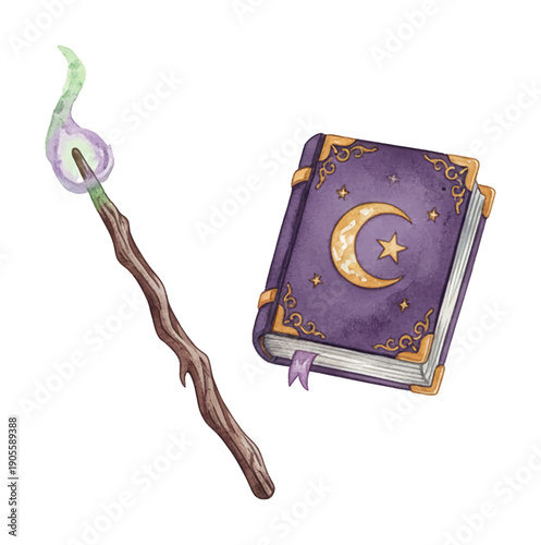 Magical fantasy spellbook and glowing wand with mystical moon and star symbols