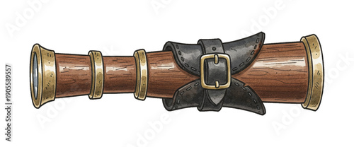 Detailed Vintage Wooden Spyglass Telescope with Brass Accents and Leather Strap with Golden Buckle Illustration Art