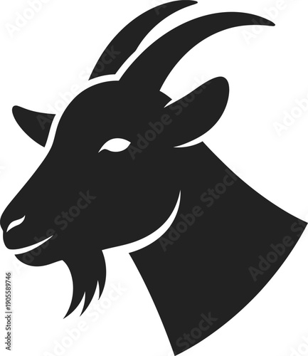 Goat head silhouette vector illustration, animal farm livestock symbol for eid al-adha, profile view of a horned goat, traditional sacrifice animal
