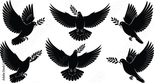 Set of six dove silhouettes with olive branches in flight, perfect for peace vector art, harmony illustration, religious design, and symbolic graphic projects.