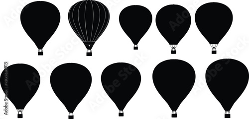 Set of ten black hot air balloon silhouettes with unique shapes and basket designs, perfect for travel illustration, adventure vector art, and sky festival graphics.