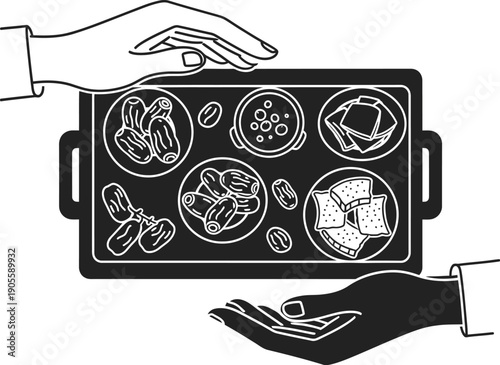 Hands holding a tray with dates and snacks vector illustration, iftar meal items, ramadan kareem fasting celebration, traditional food
