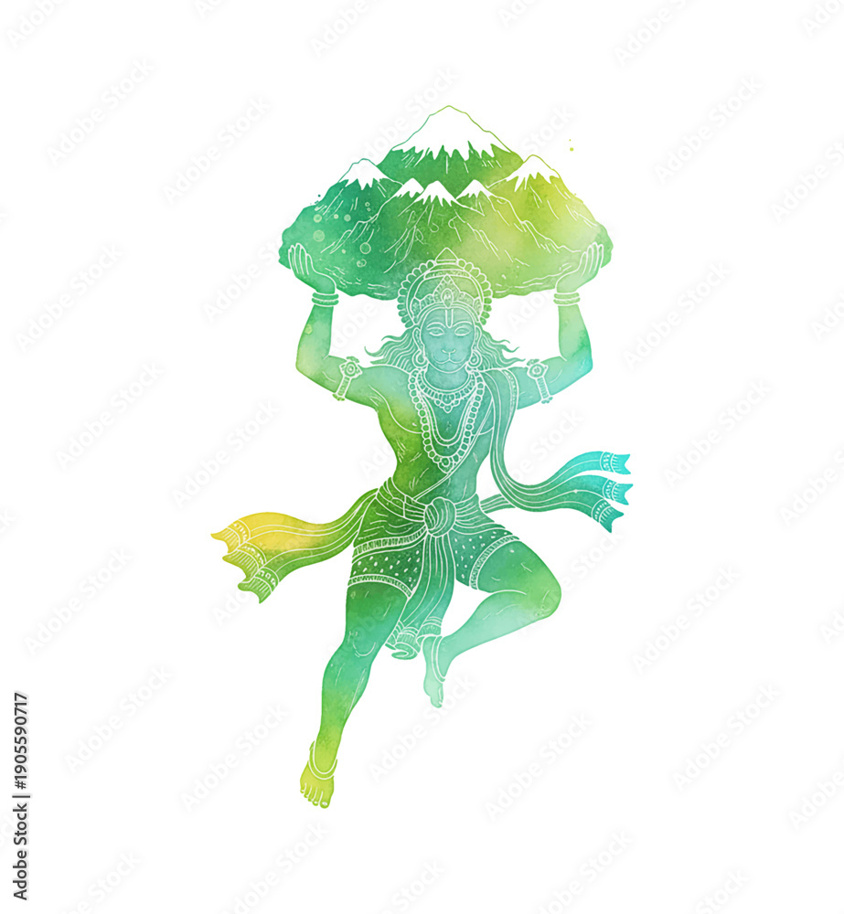 Obraz premium Indian Hindu deity Hanuman powerfully carrying a mountain on his head in a dynamic leaping pose
