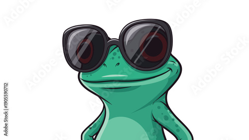 Cool green frog character wearing large dark sunglasses looking stylish and confident on white background illustration.