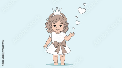 Little girl dressed as a princess with a silver crown and a large bow on her white dress dreaming of love in clouds.