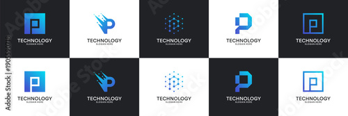 Set of modern initial letter P tech logo. Abstract  icon for technology, internet, digital.