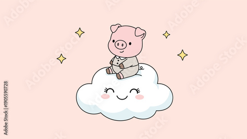 Cute little pig wearing pajamas sitting on a smiling fluffy white cloud surrounded by sparkling stars in the sky.