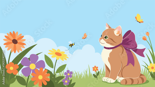 Ginger cat sitting in a beautiful garden filled with colorful flowers bees and butterflies on a sunny day background.