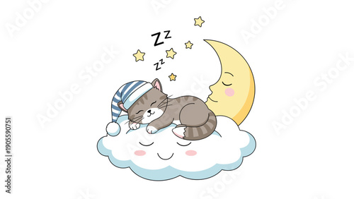 Cute tabby cat wearing a striped sleeping cap resting on a smiling cloud with a golden crescent moon and stars scene.