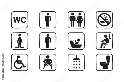 Universal Restroom Pictogram Line Art for Navigation Signs