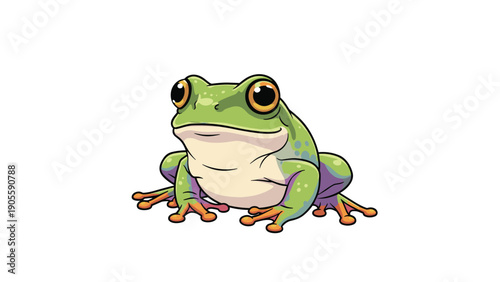 Detailed cartoon illustration of a green tree frog with large orange eyes sitting calmly, isolated on white background for nature designs.
