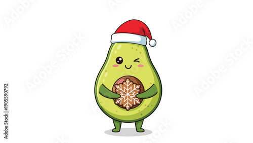 Cute winking avocado wearing a Santa hat and holding a snowflake gingerbread cookie for Christmas celebrations, isolated on white background.