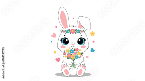 Adorable white cartoon bunny holding a colorful bouquet of flowers and wearing a floral crown, surrounded by small hearts and stars.
