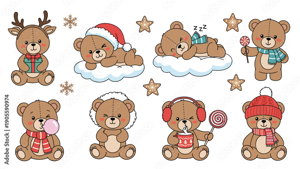 Fototapeta premium Collection of eight cute teddy bear illustrations participating in various winter activities and festive holiday scenes.