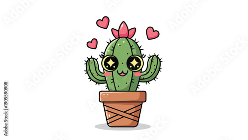 Cute smiling cactus plant in a terracotta pot with pink flowers and floating red hearts, isolated on a white background.