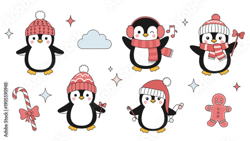 Delightful set of six penguins in festive winter outfits with accessories like a candy cane and gingerbread man cookie.