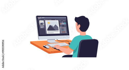 Man Editing Photo on Computer Screen.