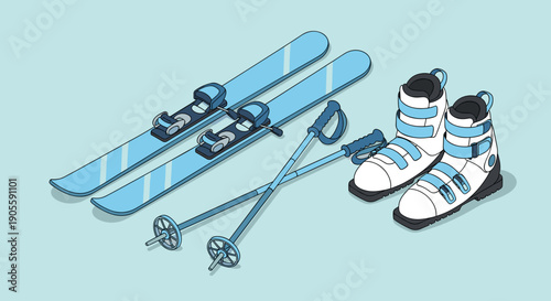 Skiing Equipment Boots Skis Poles Illustration.
