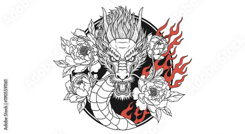 Mythical Dragon Head with Flowers and Flames