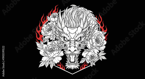 Dragon Head with Peonies and Flames - Oriental Art Illustration