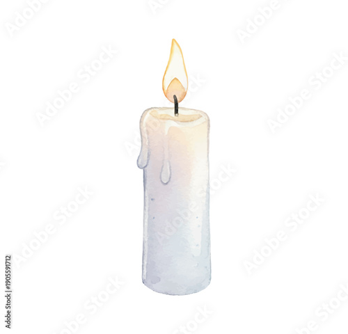 White burning candle with bright orange flame and melted wax dripping down in a gentle illustration style