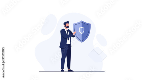 Businessman holding a shield, business security and protection concept