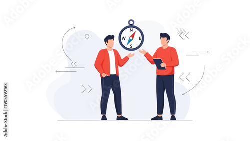 Two men discuss direction with compass overhead, business concept illustration