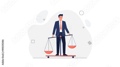 Businessman Balancing Scales of Justice, Symbolizing Law and Fairness