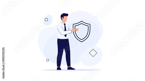 Man holding shield icon symbolizing data protection, security, and insurance