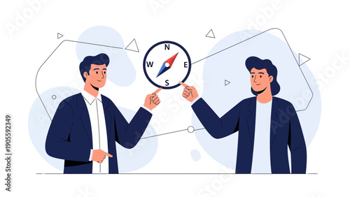Two businessmen pointing at compass, business direction and strategy concept