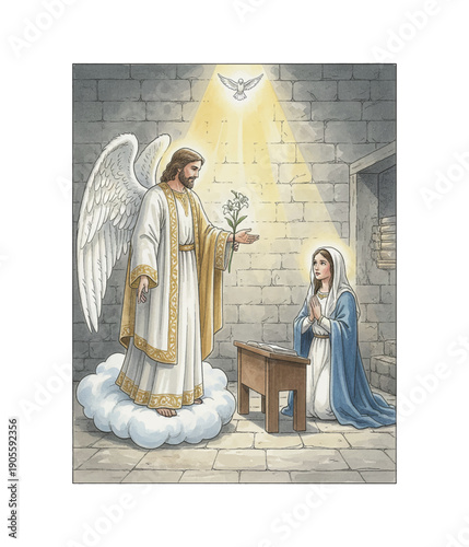 Angel Gabriel Appears to Virgin Mary Offering Lilies with a Dove and Light Above in a Sacred Scene Illustration