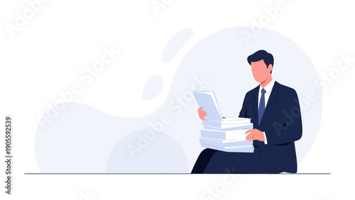 Businessman Reading Documents Stacked High, Professional Office Work Concept