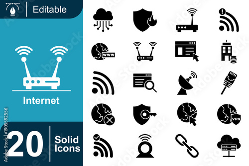 Internet Technology and Network Communication Icons A Comprehensive Set of 20 Solid Graphics for Digital and Online Services
