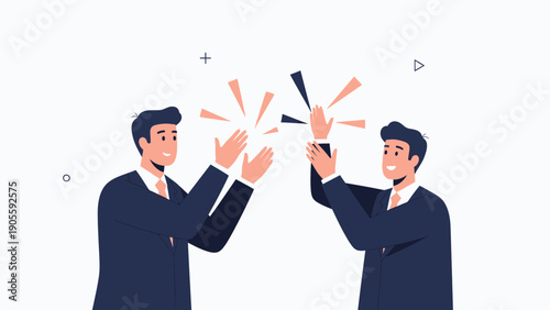 Two businessmen high five celebrating success, teamwork, partnership, achievement