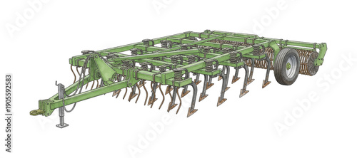 Green Agricultural Field Cultivator Machine for Soil Tillage Detailed Illustration Farm Equipment