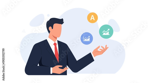 Businessman juggling growth charts and investment options