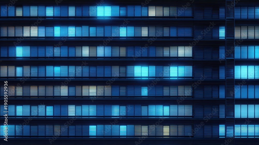 Obraz premium Abstract pattern of blue glowing windows on a modern building facade at night