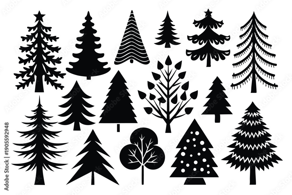 Fototapeta premium set of pine tree silhouette line art vector illustration with a white background