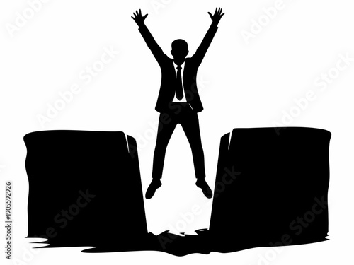 Silhouette of Successful Businessman Jumping Over Chasm Gap Between Cliffs