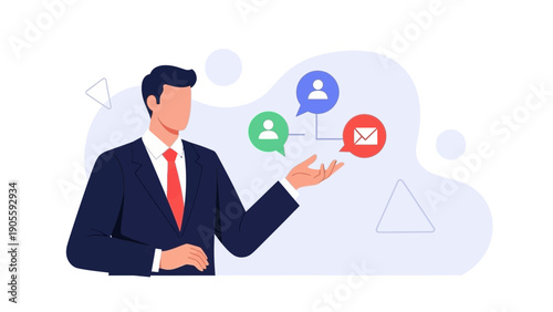 Businessman Communicating with People and Email via Speech Bubbles