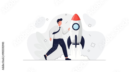 Businessman running towards a rocket launching, concept of startup and success