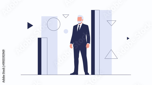 Senior businessman standing confidently between abstract geometric shapes and bars.