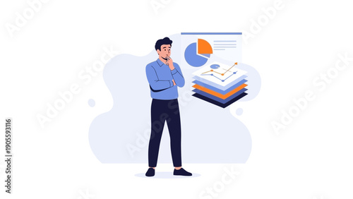 Man thinking about business analytics charts and data reports