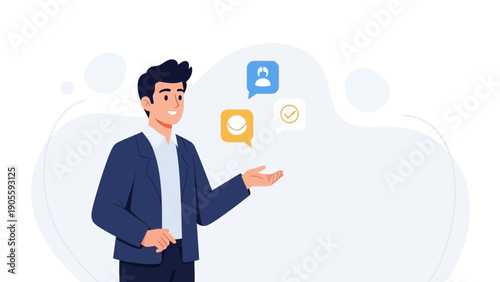 Man presenting communication icons and ideas