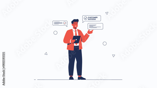Happy businessman with tablet, speech bubbles, customer success concept illustration