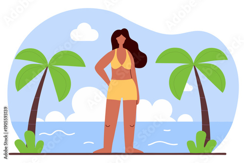 Woman in yellow swimsuit on the beach background of the shore. Vector illustration. Summer time