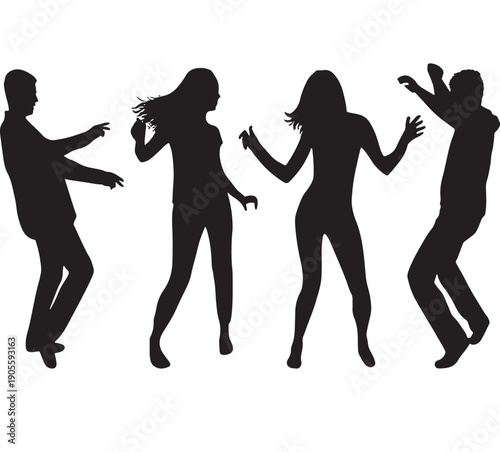 Group of people dancing with joy and excitement in silhouette form.